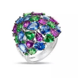 Золотое кольцо c аметистами, бриллиантами, гранатами и сапфирами