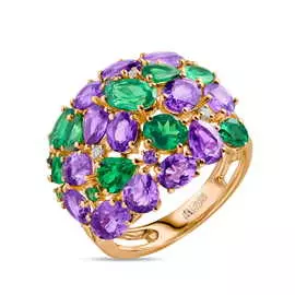 Золотое кольцо c аметистами, бриллиантами и гранатами