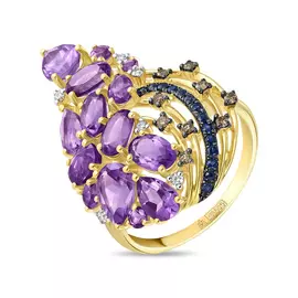 Золотое кольцо c аметистами, бриллиантами и сапфирами