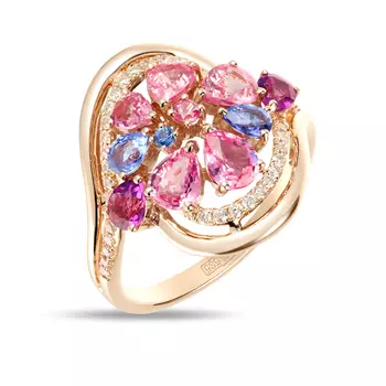Золотое кольцо c аметистами, бриллиантами, сапфирами и цветными сапфирами