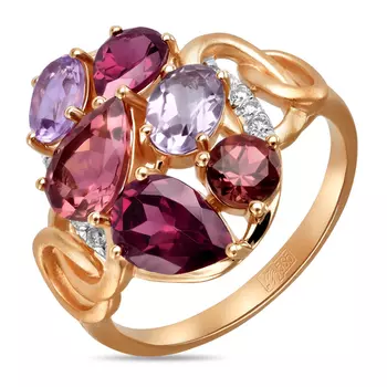Золотое Кольцо c аметистами, бриллиантами, родолитом и турмалином