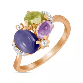 Золотое Кольцо c аметистами, цитрином, бриллиантами, иолитом и перидотом