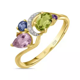 Золотое Кольцо c аметистами, цитрином, бриллиантами, иолитом и перидотом