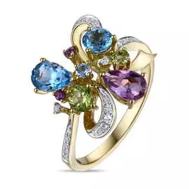 Золотое кольцо c аметистами, топазом, бриллиантами и перидотами