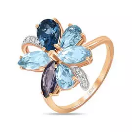 Золотое кольцо c топазом, бриллиантами и иолитом