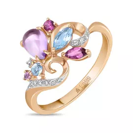 Золотое кольцо c аметистами, топазом, бриллиантами и родолитом