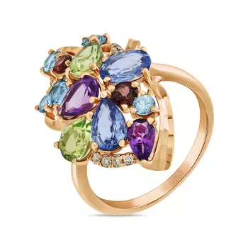 Золотое Кольцо c аметистами, топазом, бриллиантами, перидотами, цветными сапфирами и турмалином