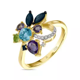 Золотое кольцо c аметистами, топазом, бриллиантами, перидотом и сапфирами