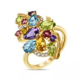 Золотое кольцо c аметистами, топазом, цитрином, бриллиантами, перидотами и турмалином