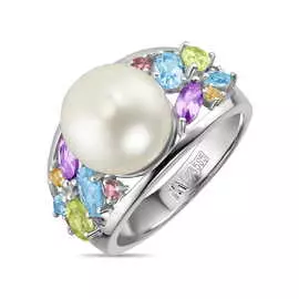 Золотое кольцо c аметистами, топазом, цитрином, перидотами, жемчугом и турмалином