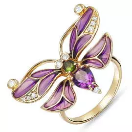 Золотое кольцо c аметистом, бриллиантами, эмалью, топазом и турмалином