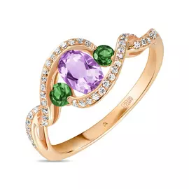 Золотое Кольцо c аметистом, бриллиантами и гранатами