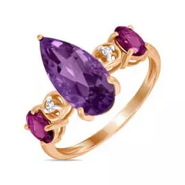 Золотое кольцо c аметистом, бриллиантами и родолитом
