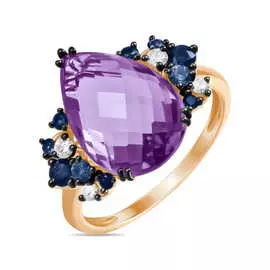Золотое кольцо c аметистом, бриллиантами и сапфирами