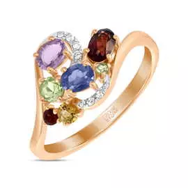 Золотое кольцо c аметистом, цитрином, бриллиантами, гранатами, иолитом и перидотами