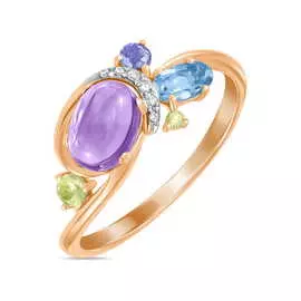 Золотое кольцо c аметистом, топазом, бриллиантами, иолитом и перидотами