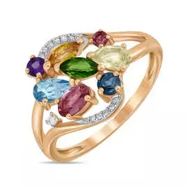 Золотое кольцо c аметистом, топазом, цитрином, бриллиантами, кварцем, турмалином и хромдиопсидом