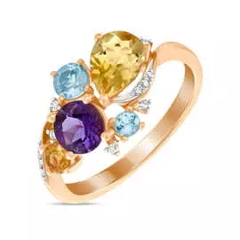 Золотое кольцо c аметистом, топазом, цитрином и бриллиантами