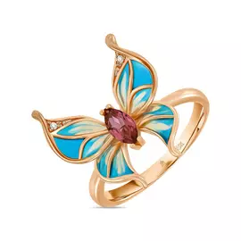 Золотое кольцо c бриллиантами, эмалью и турмалином