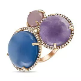 Золотое кольцо c бриллиантами, дуплет кварц /перламутром, дуплет топаз/агатом и дуплет аметист/жадеитом