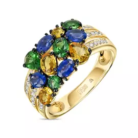 Золотое Кольцо c бриллиантами, гранатами, цветными сапфирами и сапфирами