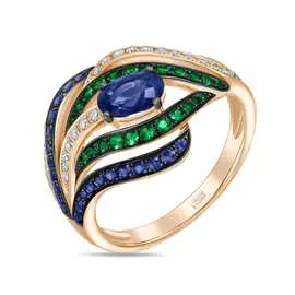 Золотое кольцо c бриллиантами, гранатами и сапфирами