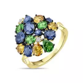 Золотое кольцо c бриллиантами, гранатами и сапфирами