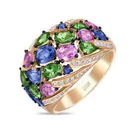 Золотое кольцо c бриллиантами, гранатами и сапфирами