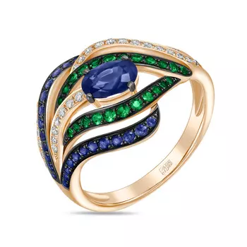 Золотое Кольцо c бриллиантами, гранатами и сапфирами