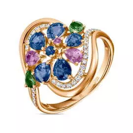 Золотое Кольцо c бриллиантами, гранатами, цветными сапфирами и сапфирами
