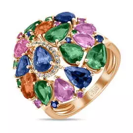 Золотое кольцо c бриллиантами, гранатами и сапфирами