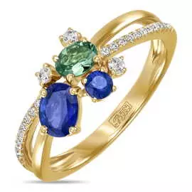 Золотое кольцо c бриллиантами, гранатом и сапфирами