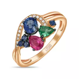Золотое Кольцо c бриллиантами, гранатом, рубином и сапфирами