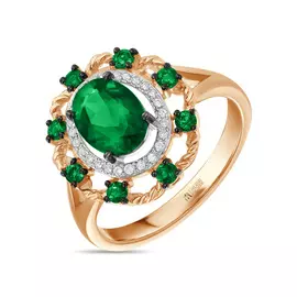 Золотое кольцо c бриллиантами и гидротермальным изумрудом