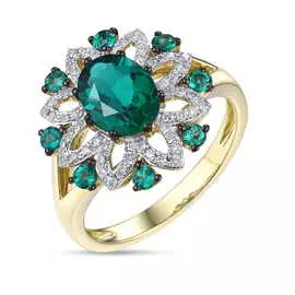 Золотое кольцо c бриллиантами и гидротермальным изумрудом