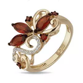 Золотое кольцо c бриллиантами и гранатами