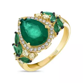 Золотое Кольцо c бриллиантами, цветными бриллиантами и изумрудами