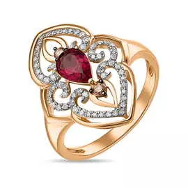 Золотое кольцо c бриллиантами и родолитом