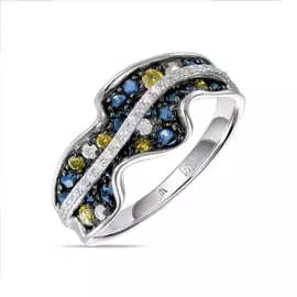 Золотое кольцо c бриллиантами, цветными бриллиантами и сапфирами