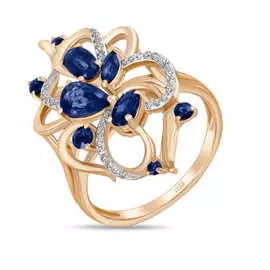 Золотое кольцо c бриллиантами и сапфирами