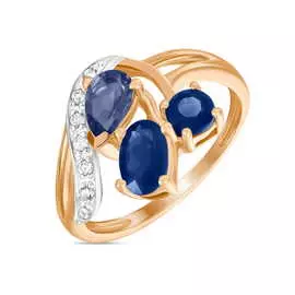 Золотое Кольцо c бриллиантами, иолитом и сапфирами