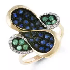 Золотое Кольцо c бриллиантами, изумрудами и сапфирами
