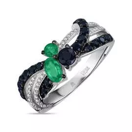 Золотое кольцо c бриллиантами, изумрудами и сапфирами