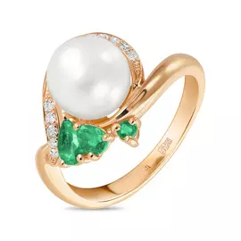 Золотое кольцо c бриллиантами, изумрудами и жемчугом