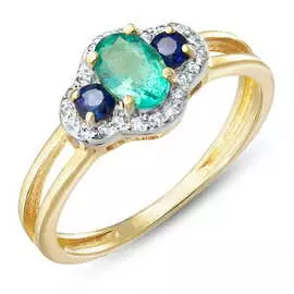 Золотое кольцо c бриллиантами, изумрудом и сапфирами