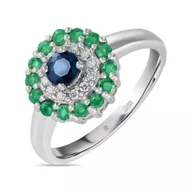 Золотое кольцо c бриллиантами, изумрудом и сапфиром