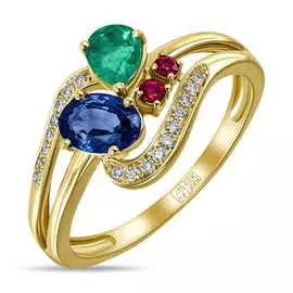 Золотое кольцо c бриллиантами, изумрудом, рубинами и сапфиром