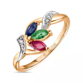 Золотое кольцо c бриллиантами, изумрудом, рубином и сапфиром