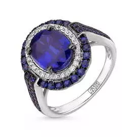 Золотое кольцо c бриллиантами, кианитом и сапфирами