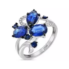 Золотое Кольцо c бриллиантами, кианитом и сапфирами